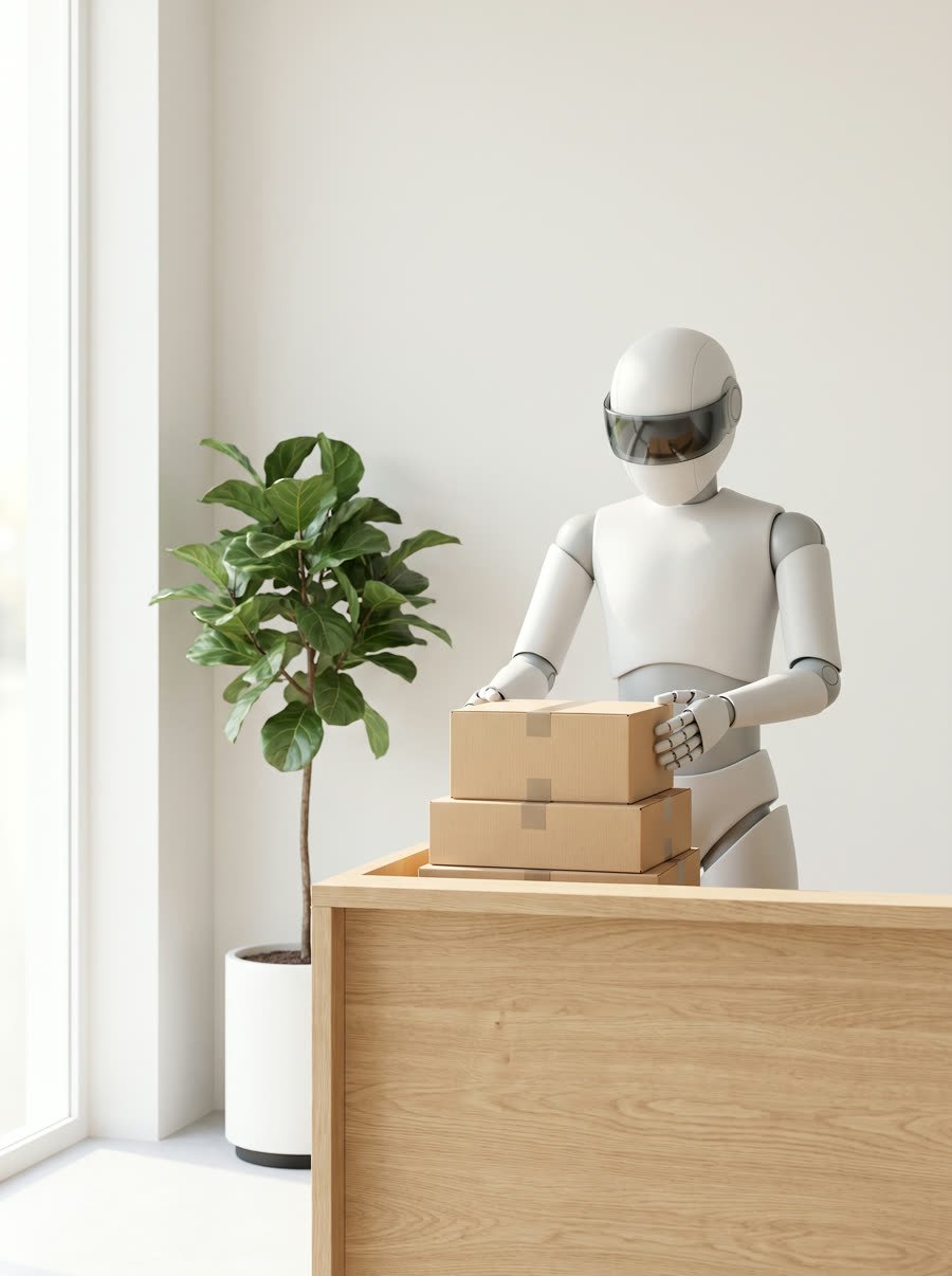 A humanoid robot stacking parcels behind an office front desk