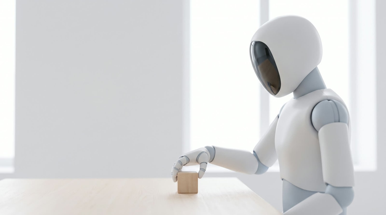 A white humanoid robot placing a small wooden cube on a table in a bright studio