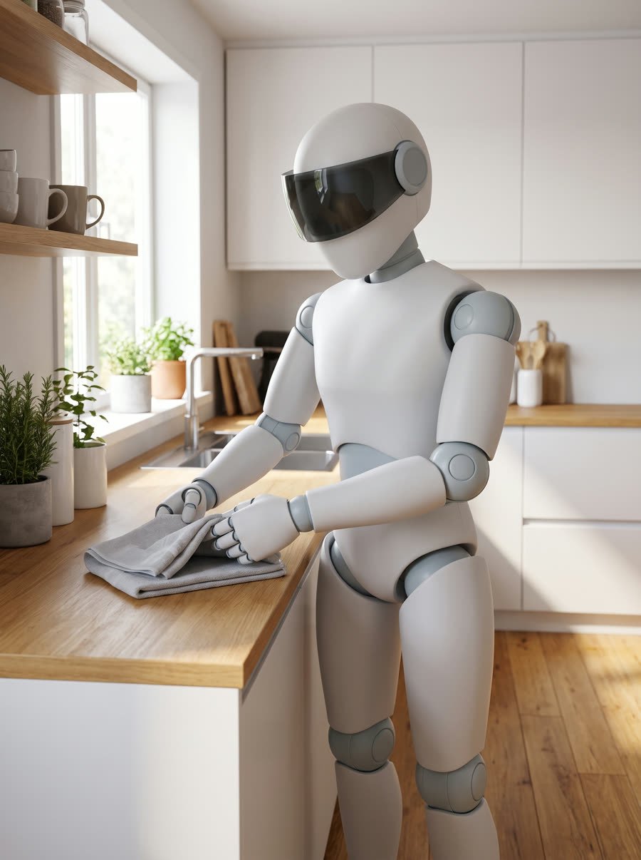 A humanoid robot folding a towel in a bright kitchen