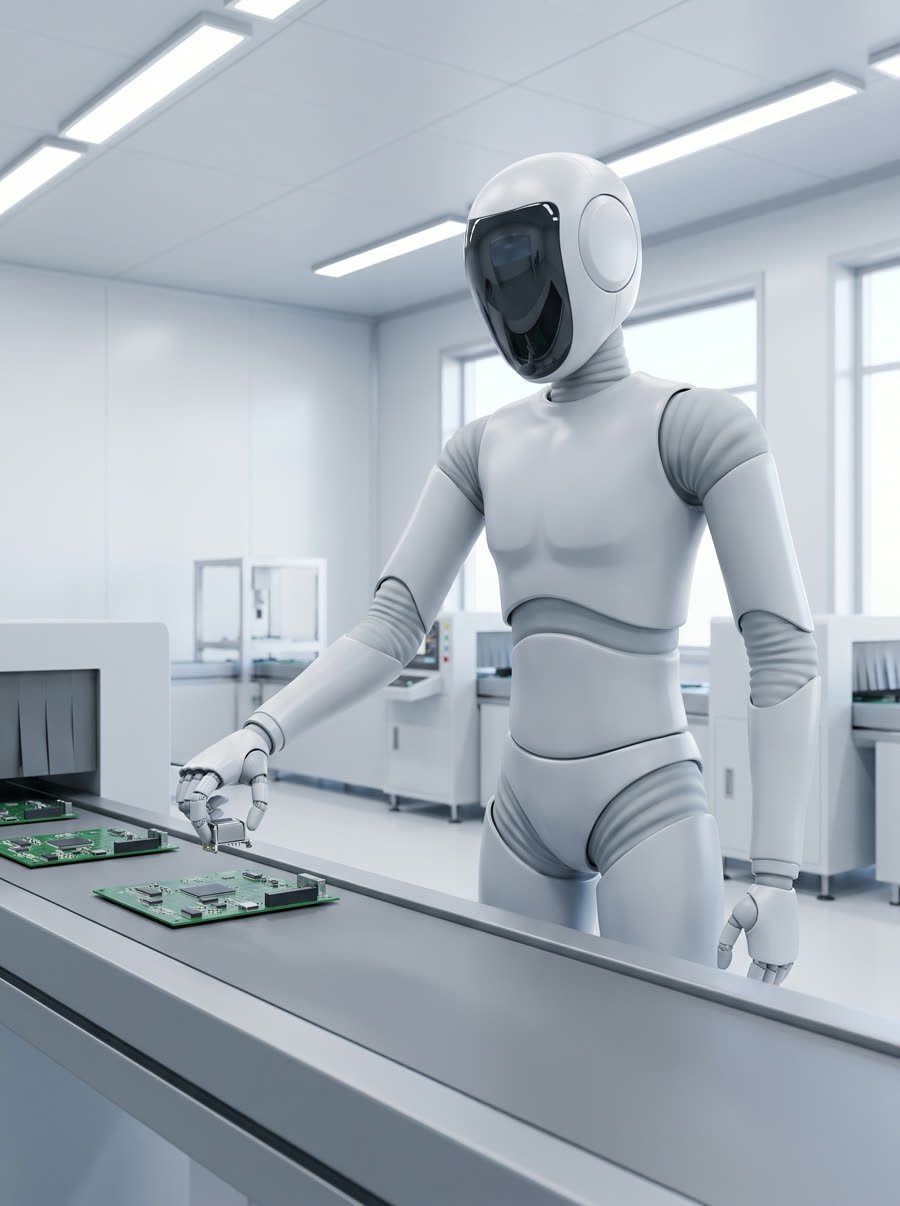 A humanoid robot placing a component on a production line
